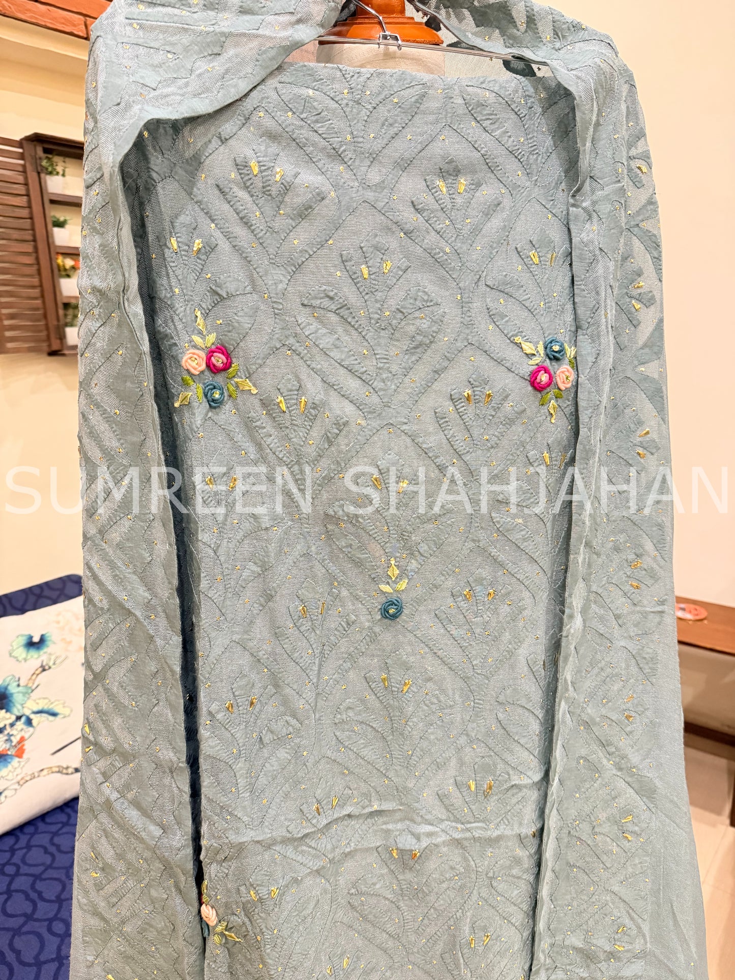 Dusty Blue Ralli with Roses - 3 Piece Unstitched Set