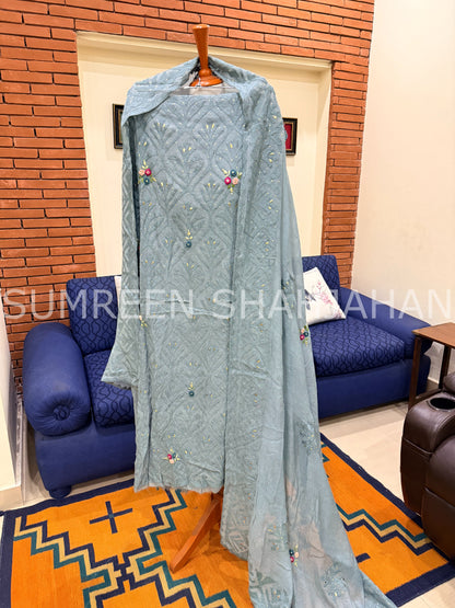 Dusty Blue Ralli with Roses - 3 Piece Unstitched Set