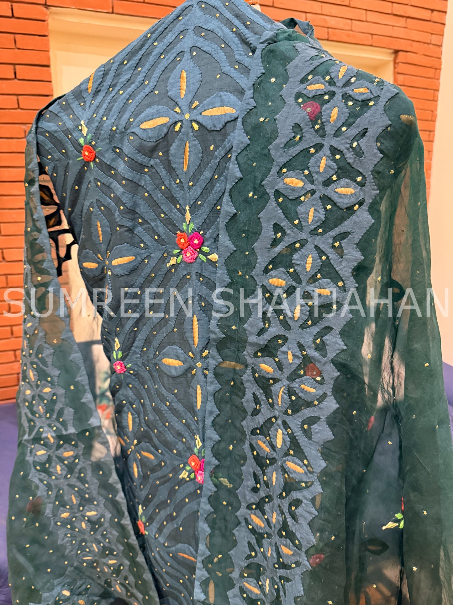 Bottle Green with Roses Ralli - 3 Piece Unstitched Set