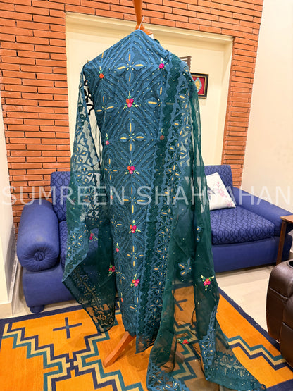 Bottle Green with Roses Ralli - 3 Piece Unstitched Set