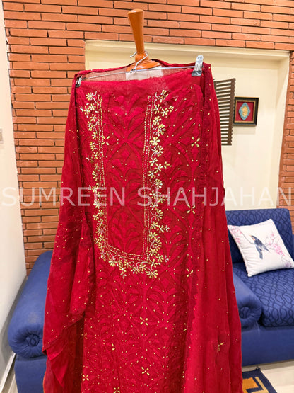 Cranberry Red Ralli - 3 Piece Unstitched Set