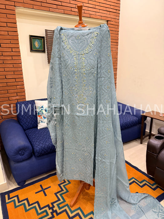 Dusty Blue Ralli - 3 Piece Unstitched Set