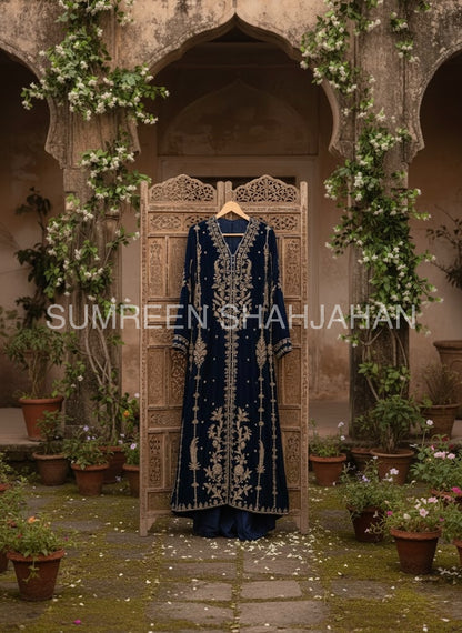 Midnight Blue Antique Gold Zari Velvet Shirt & Trouser