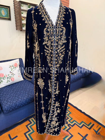 Midnight Blue Antique Gold Zari Velvet Shirt & Trouser
