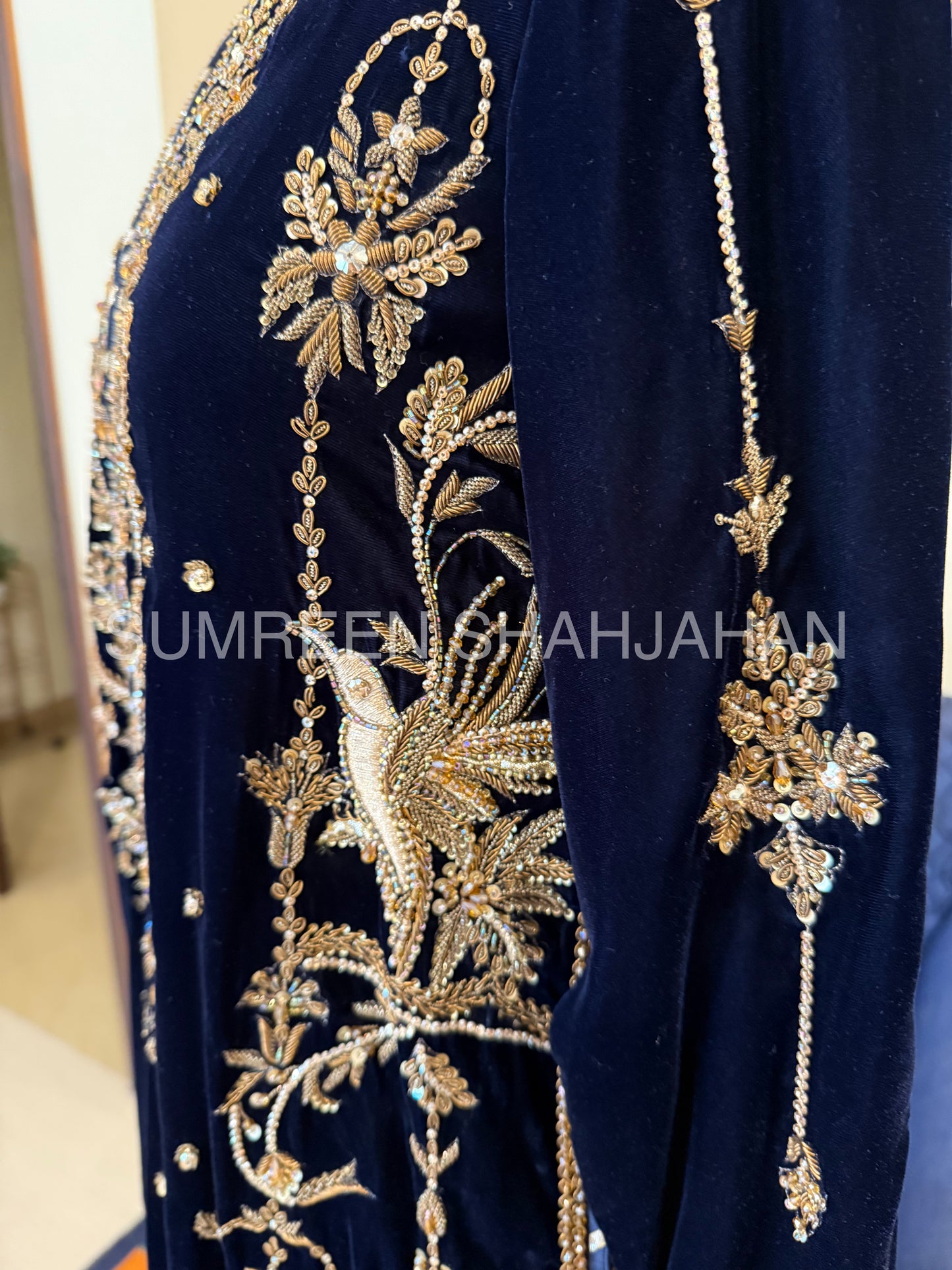 Midnight Blue Antique Gold Zari Velvet Shirt & Trouser
