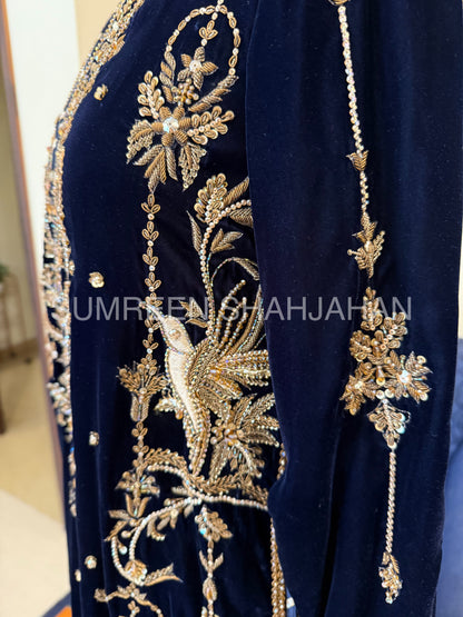 Midnight Blue Antique Gold Zari Velvet Shirt & Trouser