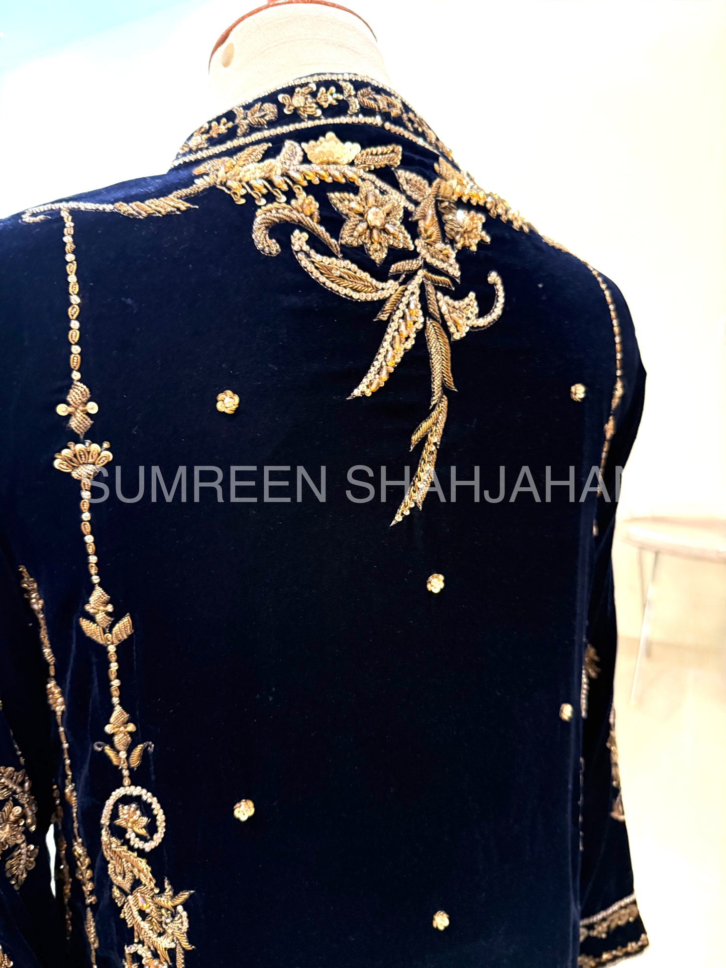 Midnight Blue Antique Gold Zari Velvet Shirt & Trouser