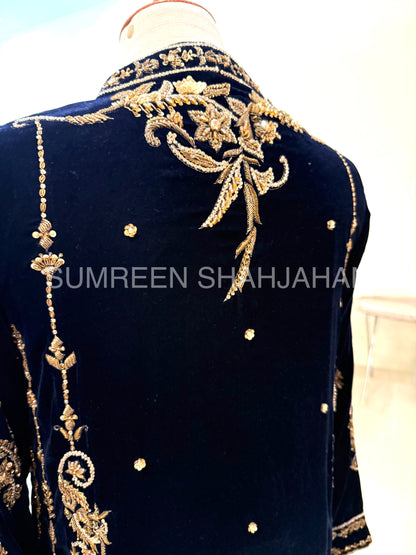 Midnight Blue Antique Gold Zari Velvet Shirt & Trouser