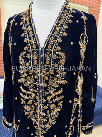 Midnight Blue Antique Gold Zari Velvet Shirt & Trouser