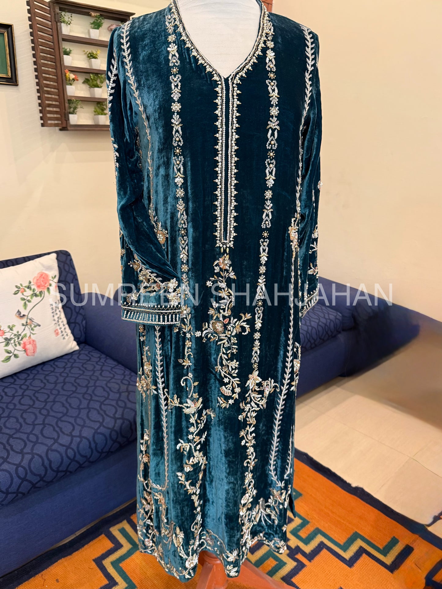 Peacock Teal Velvet Shirt & Trouser