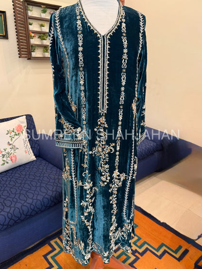Peacock Teal Velvet Shirt & Trouser