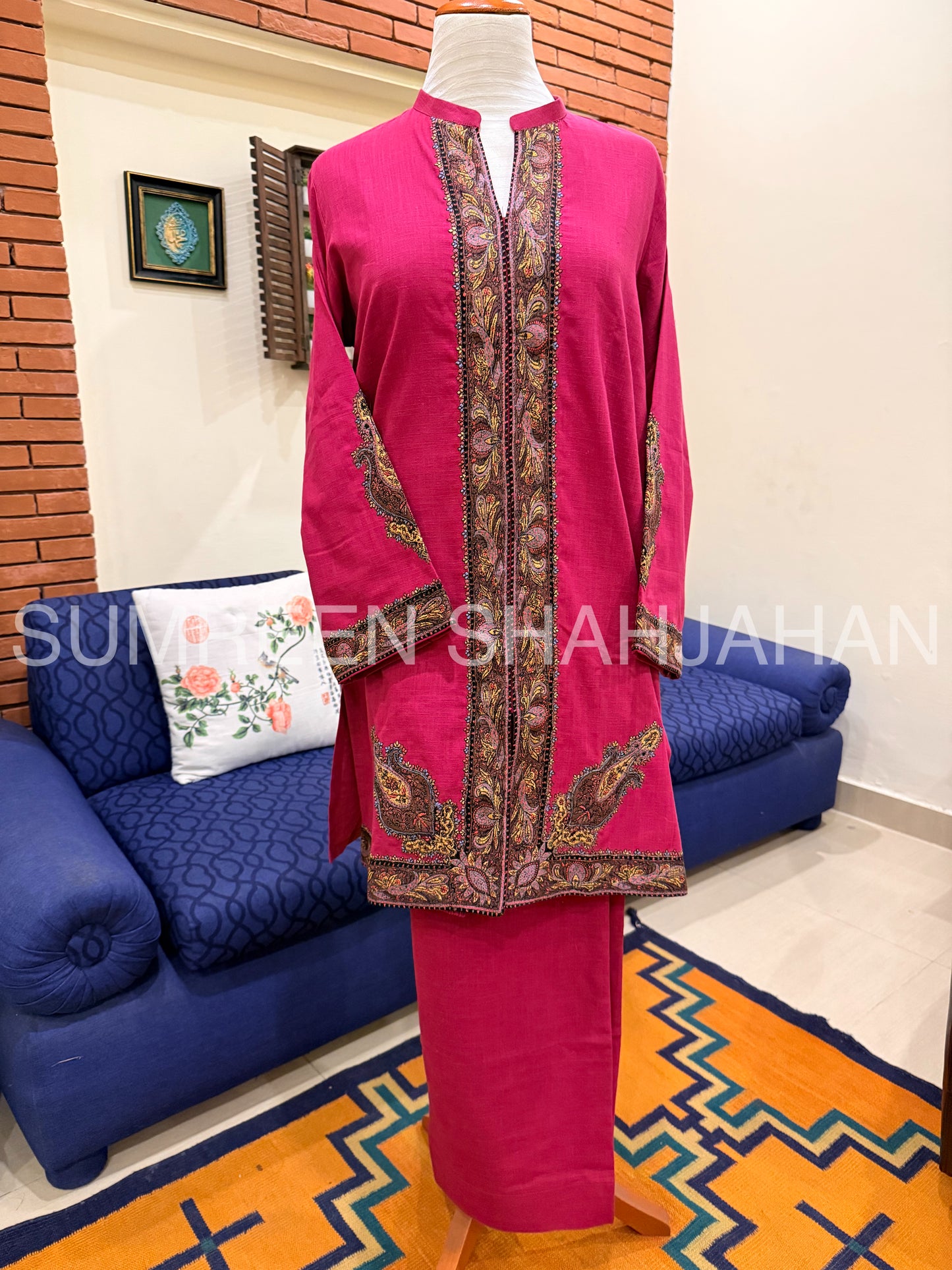 Fuchsia Pink Kashmiri Thread Work Shirt & Trouser